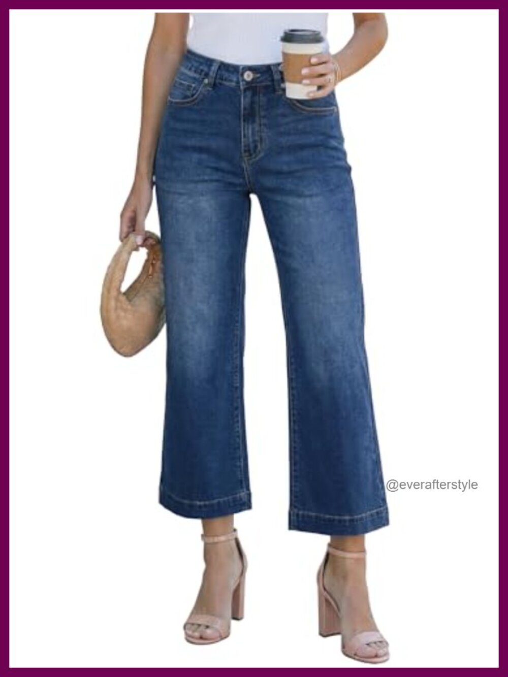 High Waisted Wide Leg Flare Cropped Jeans Pull On Stretchy Denim